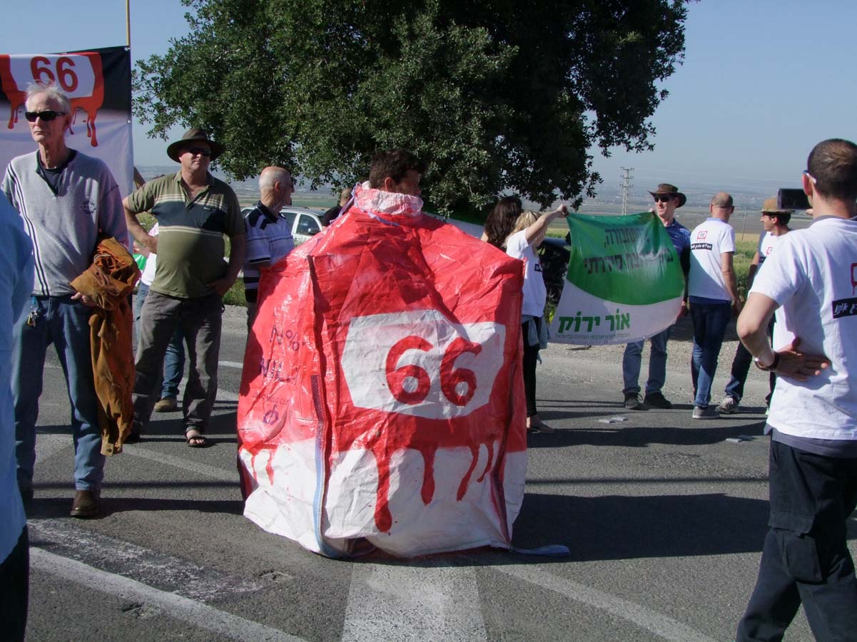 מיצג במהלך ההפגנה. המפגינים דורשים עוד לסלול מחדש את כביש הדמים 66