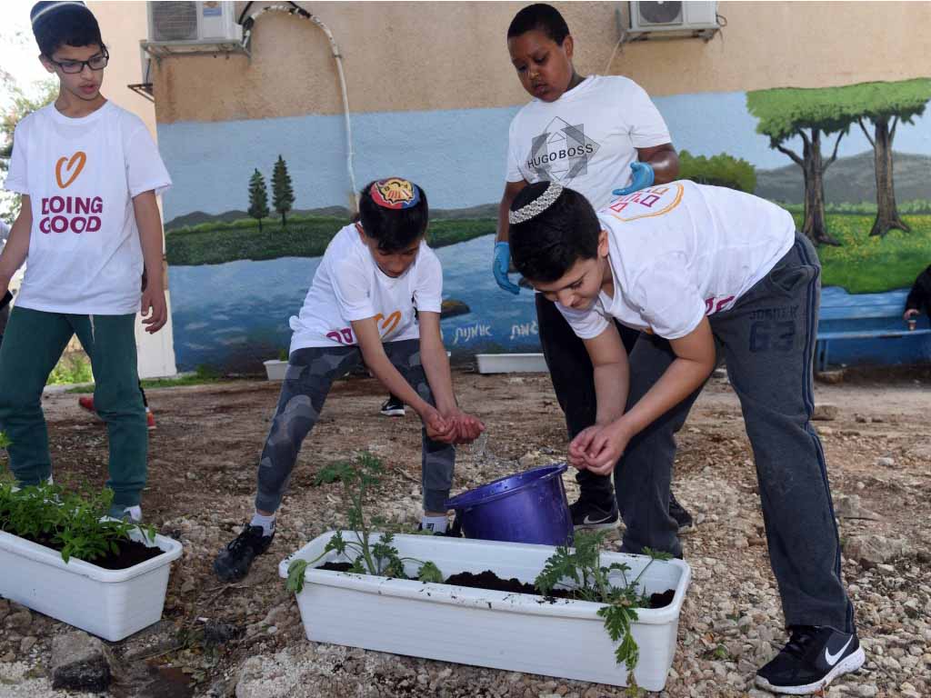 ילדים מטפחים את הגינה בבניין 'הכוכב