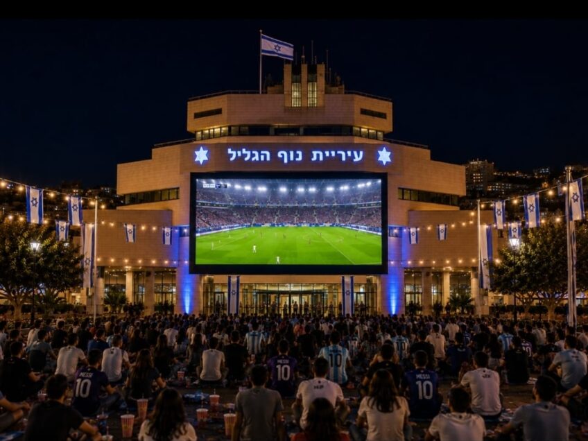 גמר המונדיאל יוקרן על מסך ענק ברחבת בניין עיריית נוף הגליל